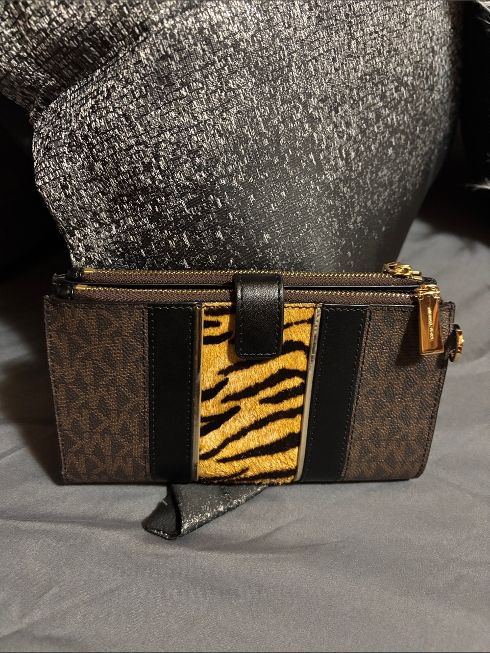 Michael Kors Brown MK Monogram Clutch with Tiger-Print Accent - Picture 3 of 3
